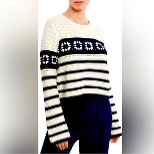 La Ligne Striped Crochet Granny Square Cream Navy Blue Knit Cotton Sweater Large